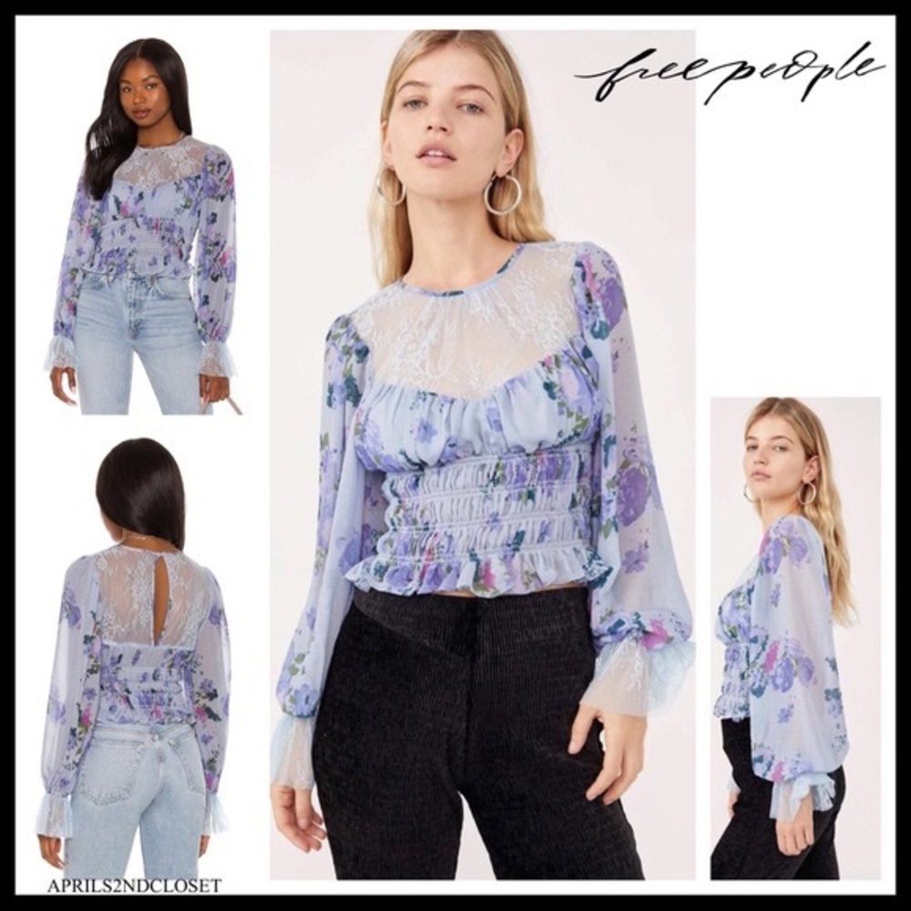 FREE PEOPLE BOHO BLOUSE FLORAL PRINT LACE CROP TOP A3C - Picture 10 of 10